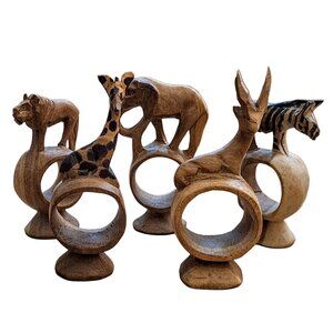 5 Pier 1 Vintage Hand-carved African Safari Animals Wooden Napkin Rings Kenya